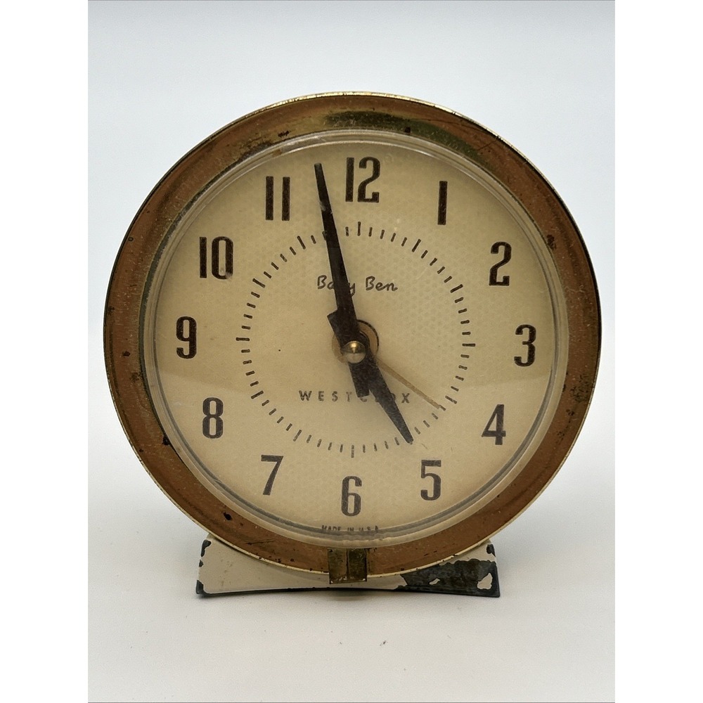 Vtg Westclox Baby Ben Alarm Clock 61-Y Cream Metal Brass Trim MCM Works